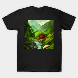 Beautiful Landscape Painting with mushrooms and mountains T-Shirt